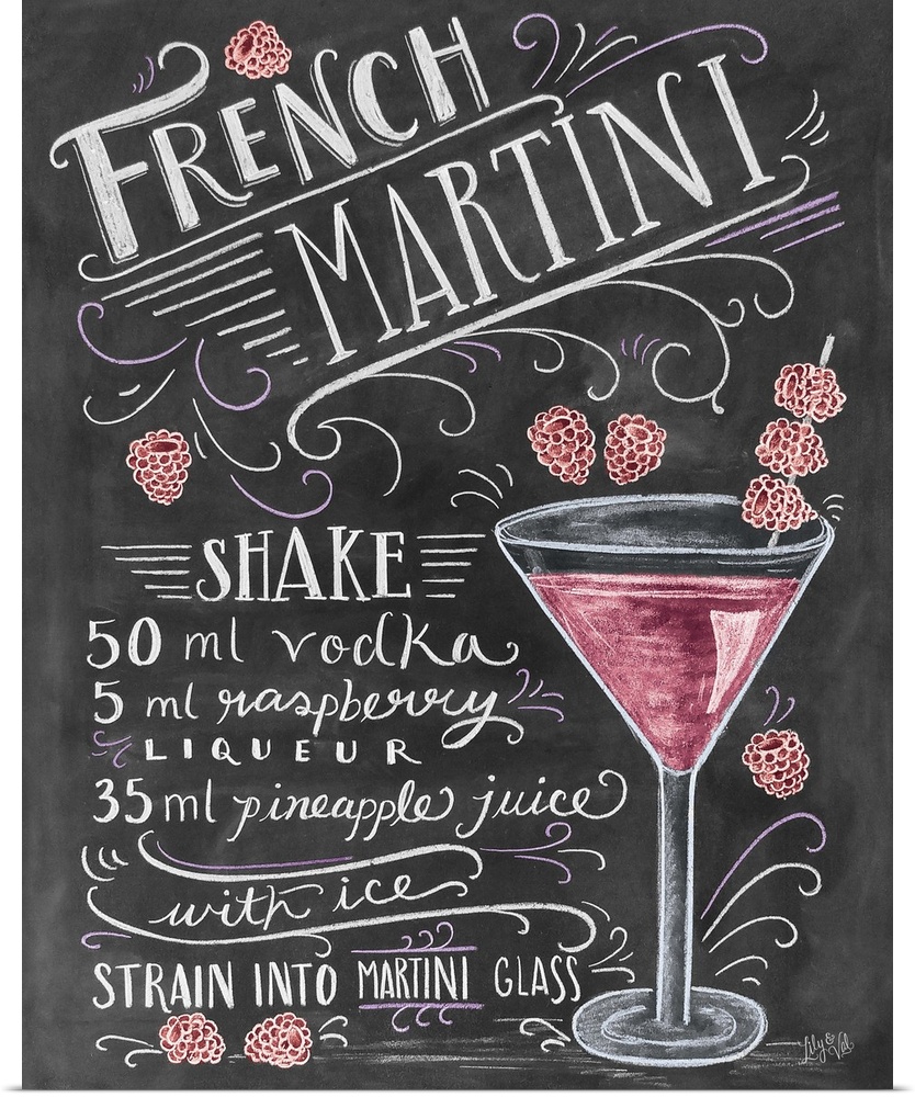 Handwritten and illustrated recipe for a mixed drink, with raspberries and a martini glass.