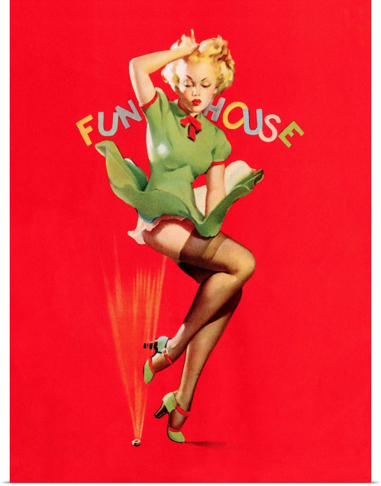 Vintage 50's illustration of a young woman with her skirt being blown by a wind machine in a funhouse.