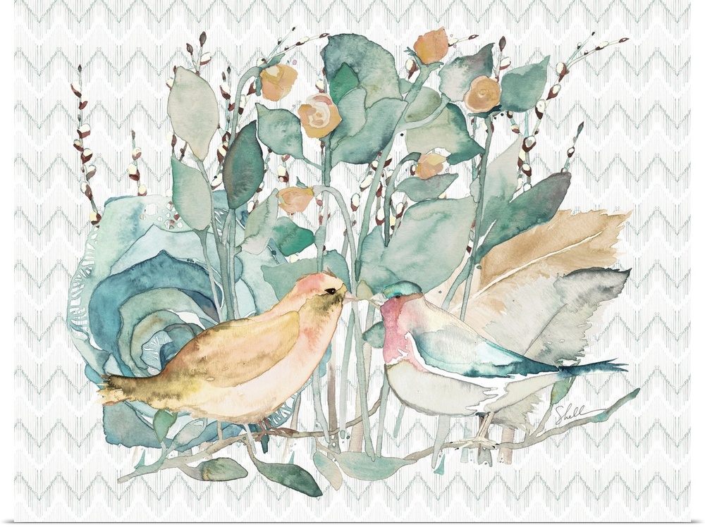 Hand painted watercolor of two birds with roses and blossoms