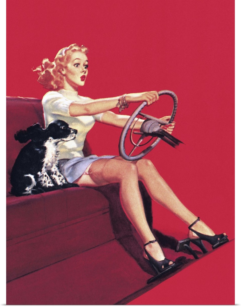 Vintage 50's pin-up girl with her hands on a steering wheel and a dog at her side.