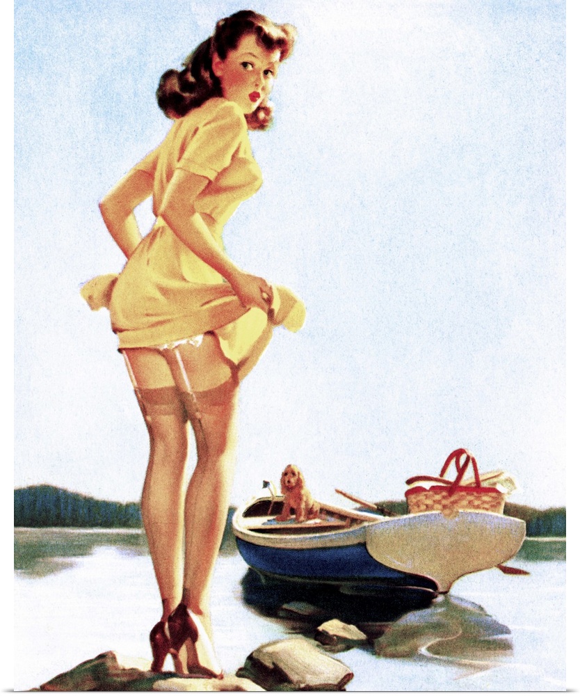 Vintage 50's pin-up girl holding up her skirt as she makes her way to her boat.
