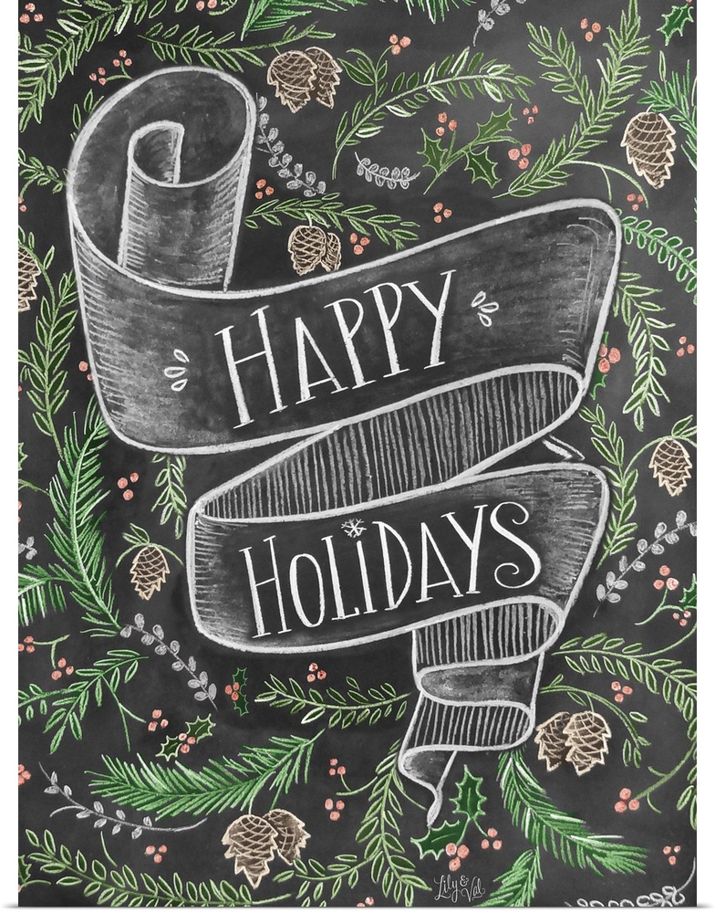 "Happy Holidays" handwritten on a banner and surrounded by pinecones and branches.