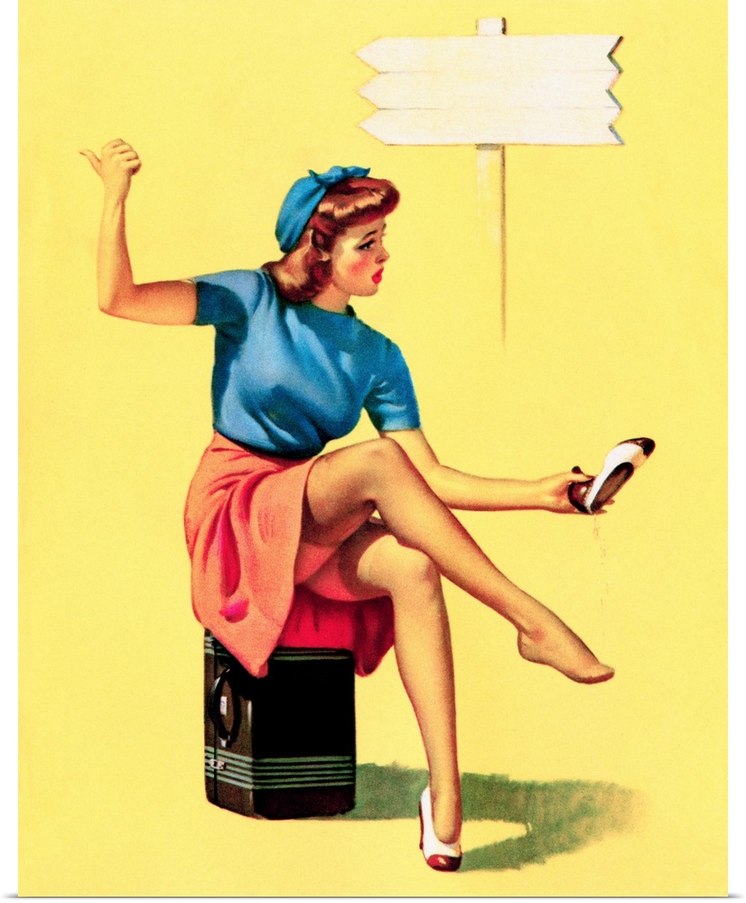 Vintage 50's illustration of a young woman sitting on her suitcase at the side of the road.