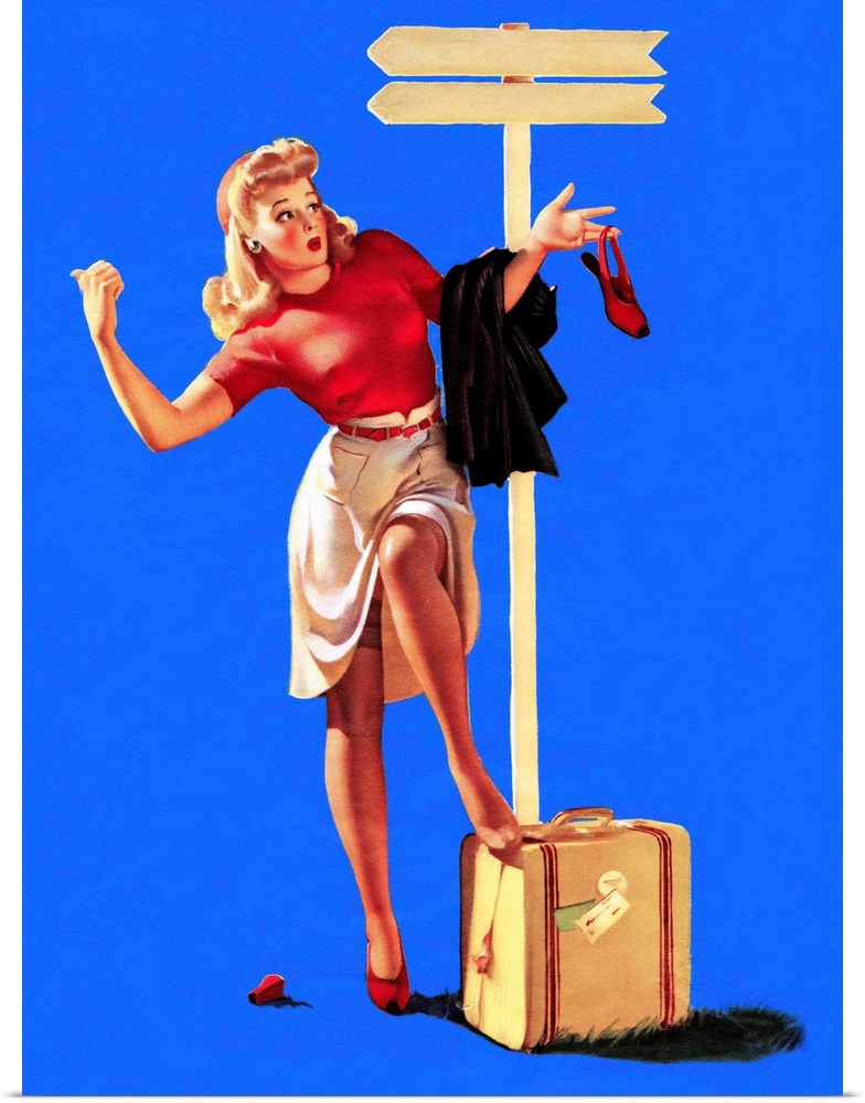 Vintage 50's illustration of a young woman hitchhiking by a signpost.