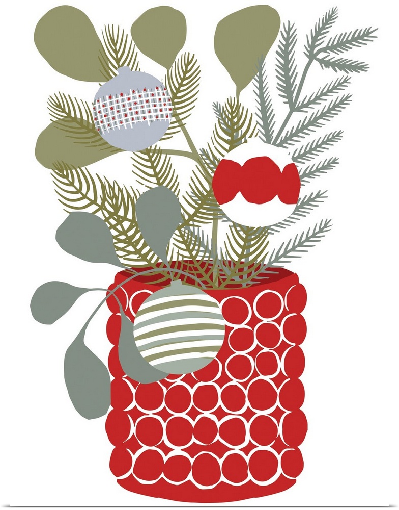 A minimal contemporary illustration of holiday greenery and ornaments in a red vase that would be the perfect accent for m...