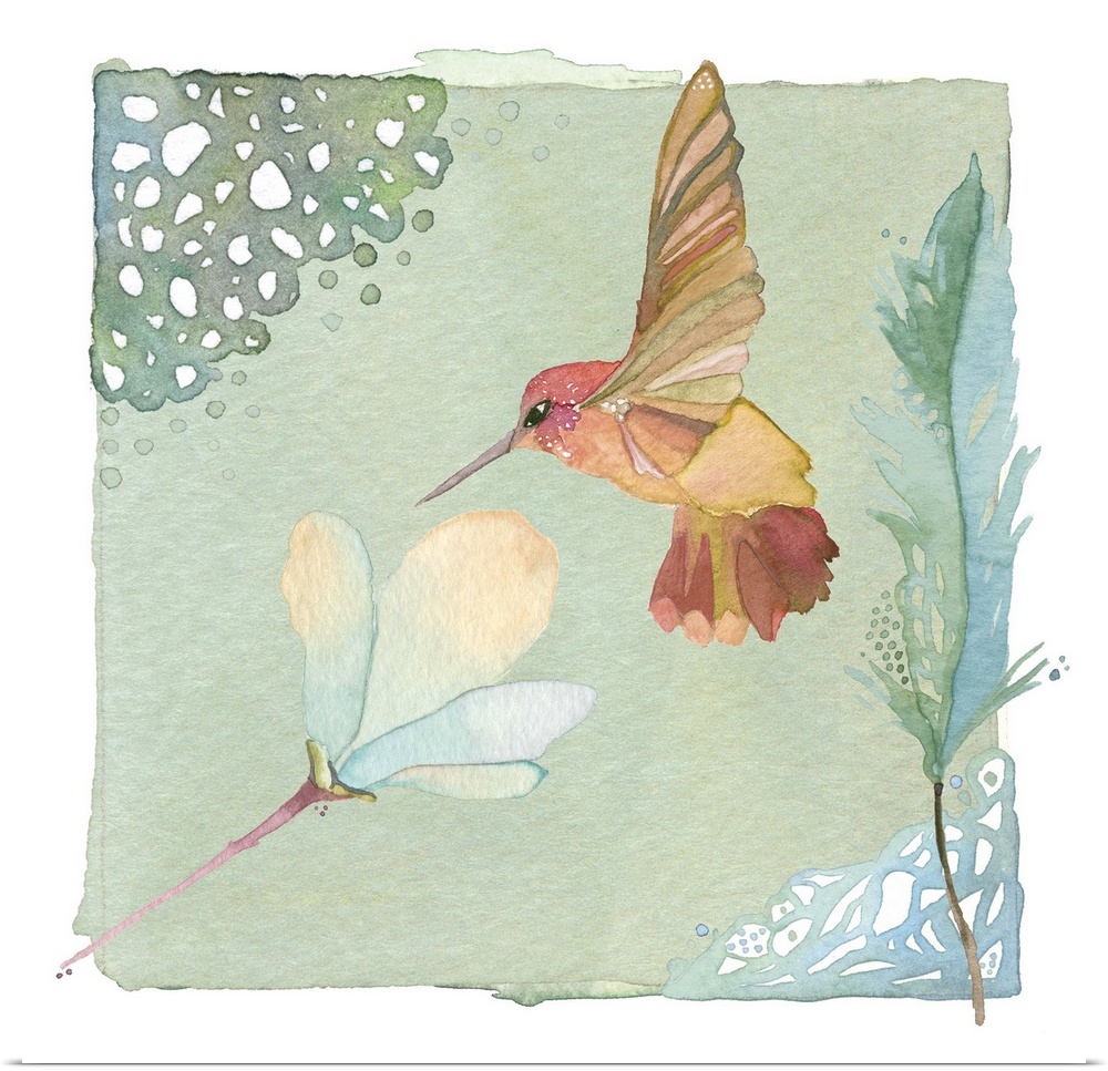 Contemporary watercolor painting of a hummingbird feeding at a flower, in pastel tones.