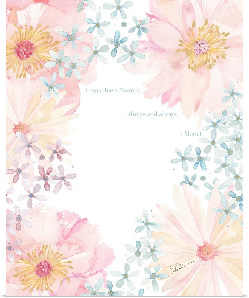 Hand Painted watercolor of pastel flowers with an inspirational text