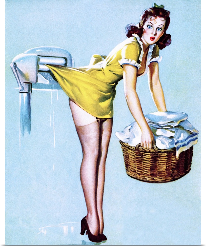 Vintage 50's illustration of a young woman doing laundry with her skirt caught in rollers.