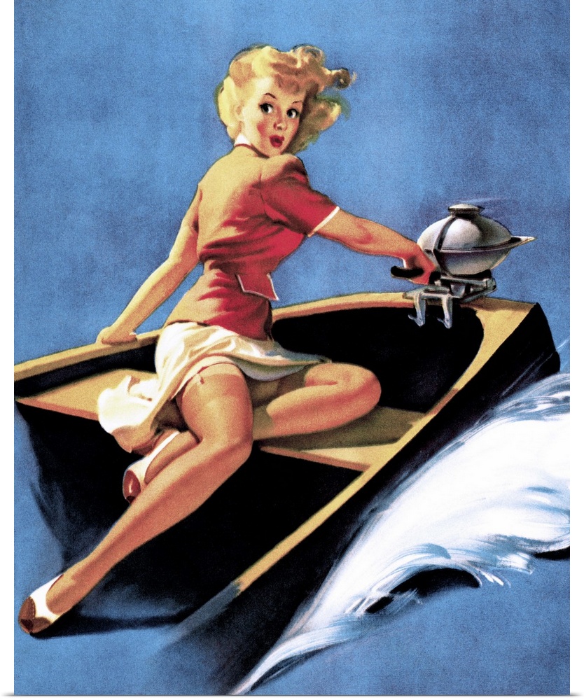 Vintage 50's illustration of a young woman steering a motorboat on the lake.