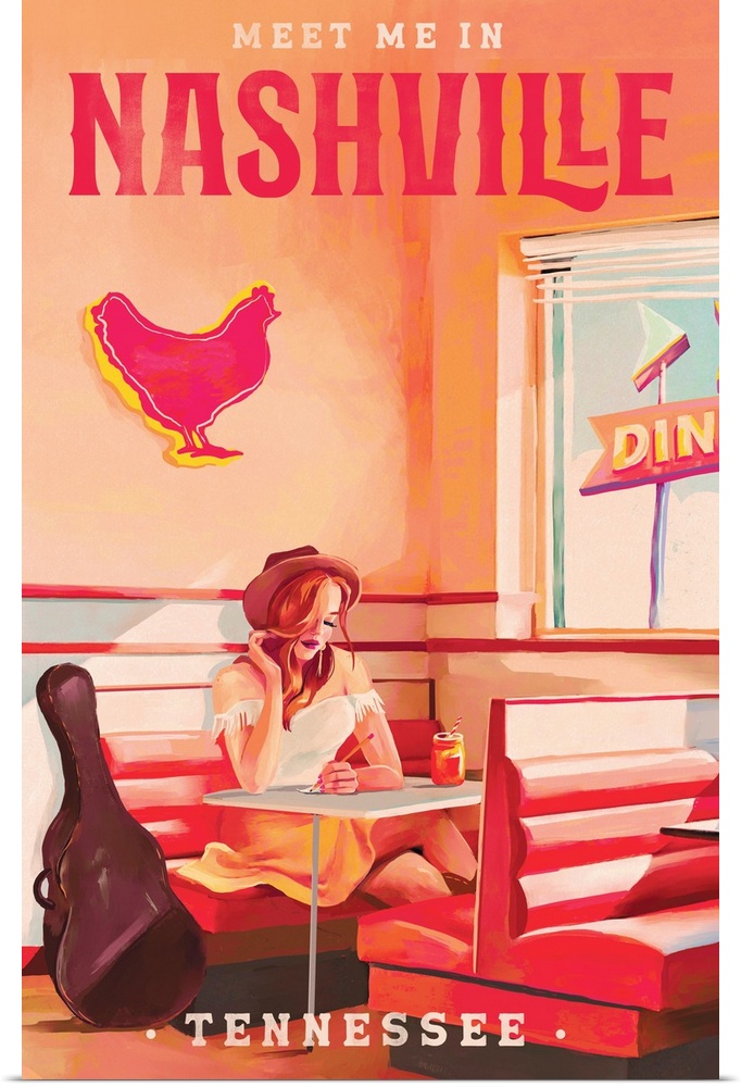 Retro travel poster of a young woman sitting in a music city diner with a guitar case