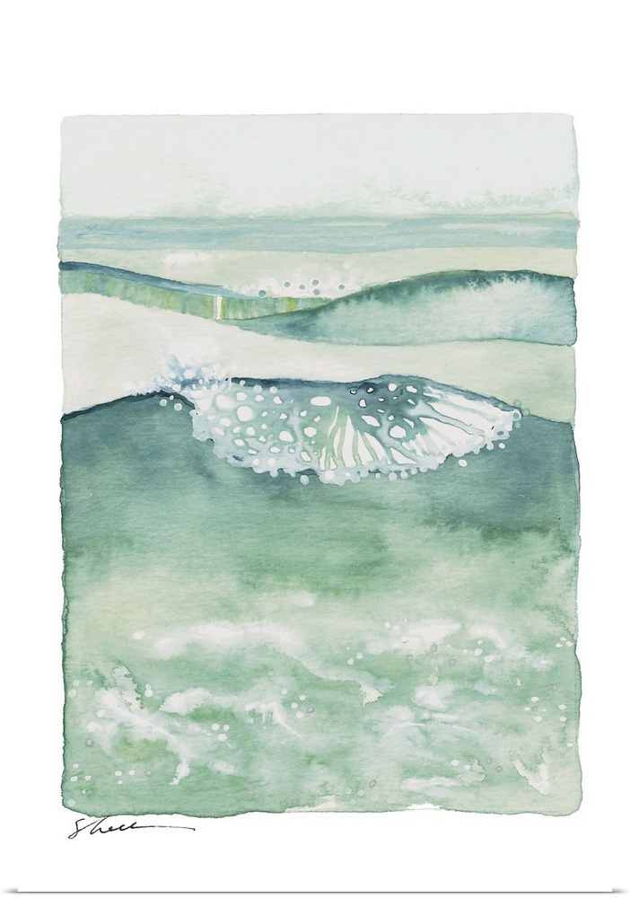 Contemporary watercolor painting of ocean waves in shades of green.