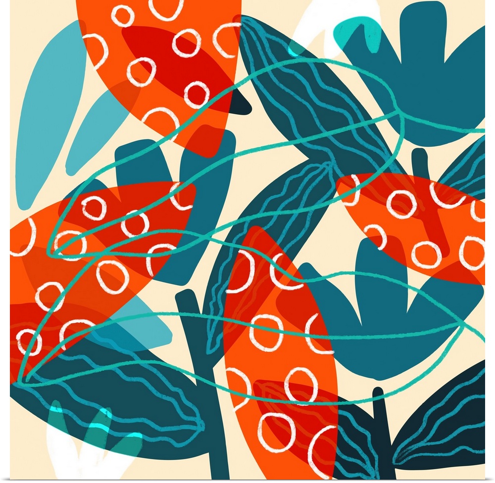 A bold Mid-Century graphic illustration of orange and blue leaves which makes a big statement for any room
