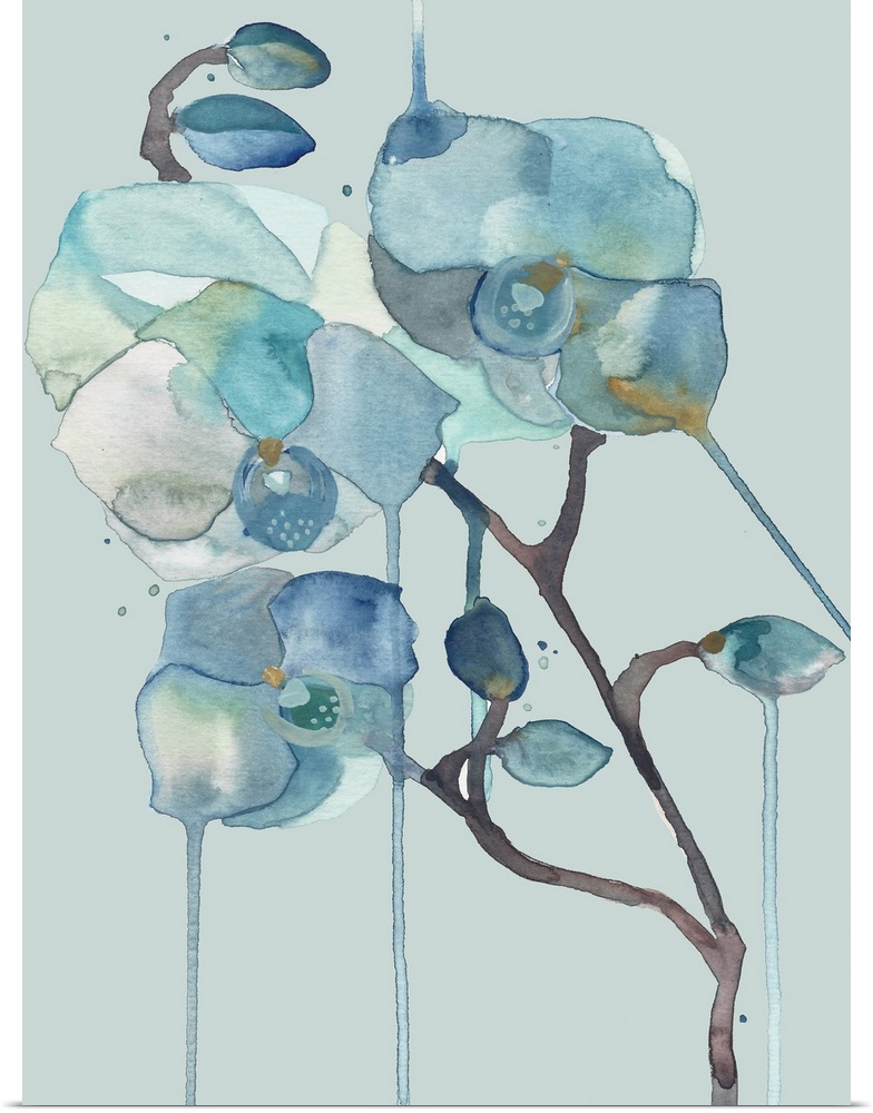 Contemporary watercolor artwork of delicate blue orchid flowers on a light blue background.
