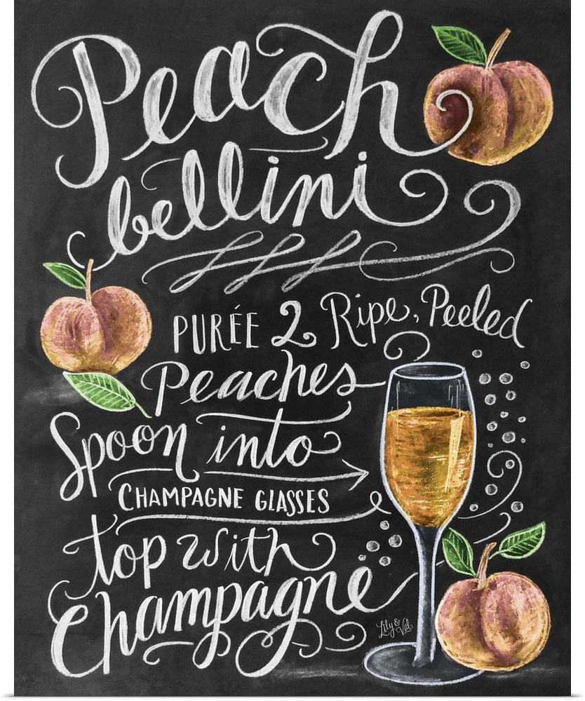 Handwritten and illustrated recipe for a mixed drink, including peaches and a champagne glass.