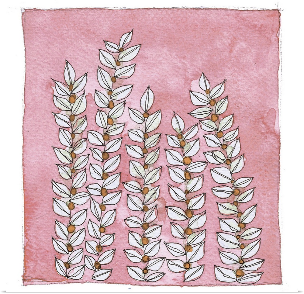 Watercolor illustration of leafy vines on a pink background.