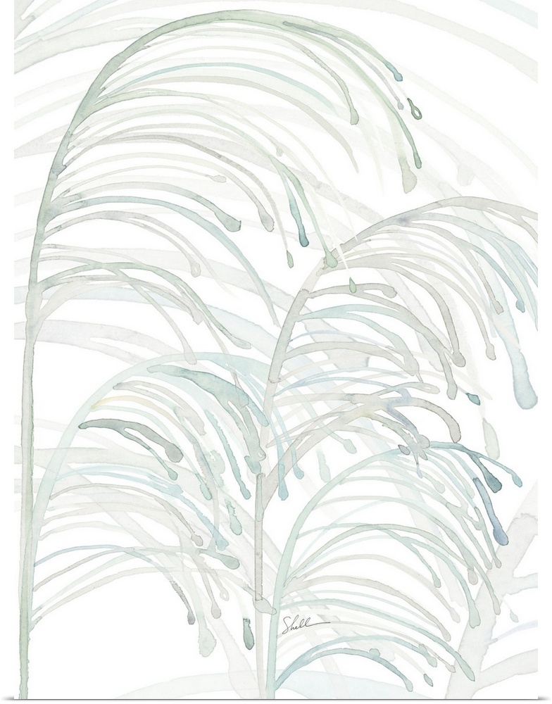 Modern coastal hand painted watercolor of beach grasses swaying on the beach