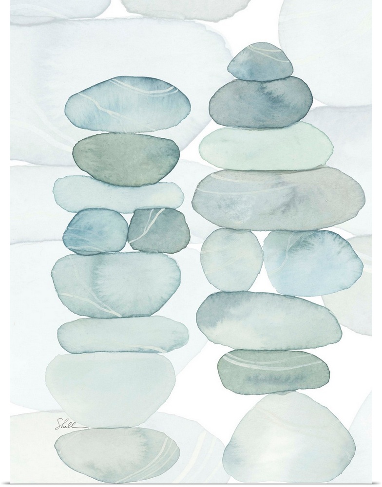 Modern coastal hand painted watercolor of stacked beach rocks and pebbles