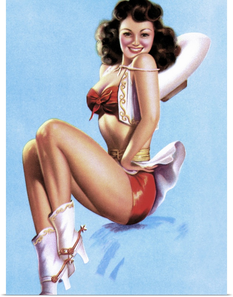 Vintage 50's illustration of a young woman wearing cowboy boots and hat.
