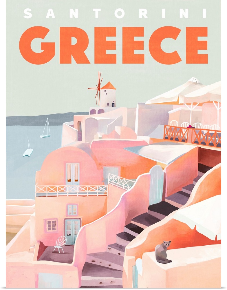 A contemporary illustrated travel poster of the Greek port city of Santorini, with it's iconic white buildings and windmills