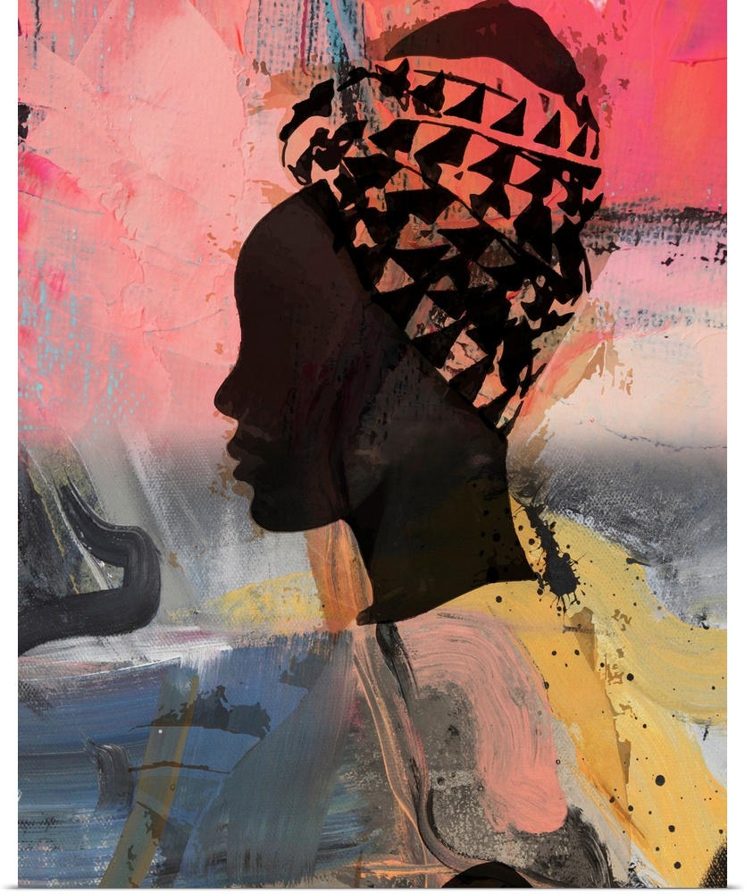 A silhouetted portrait of a woman's face from the side, with her hair wrapped in fabric. The background is a contemporary ...