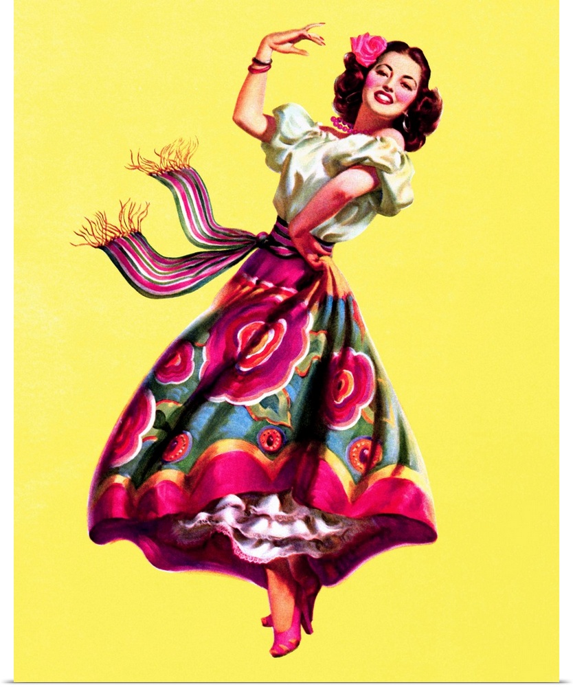 Vintage 50's illustration of a young woman in a colorful dress dancing.