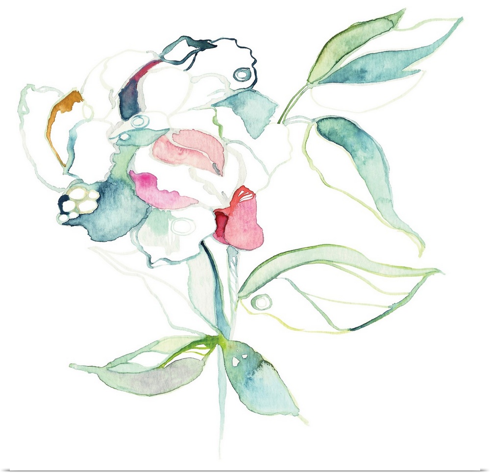 Contemporary watercolor painting of a blooming flower with several leaves.