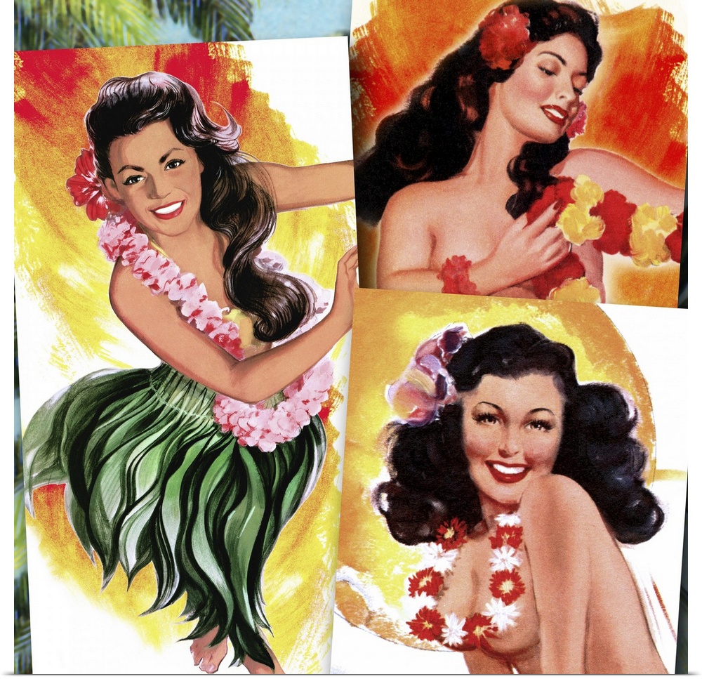Vintage 50's illustration of three young women wearing leis and grass skirts.