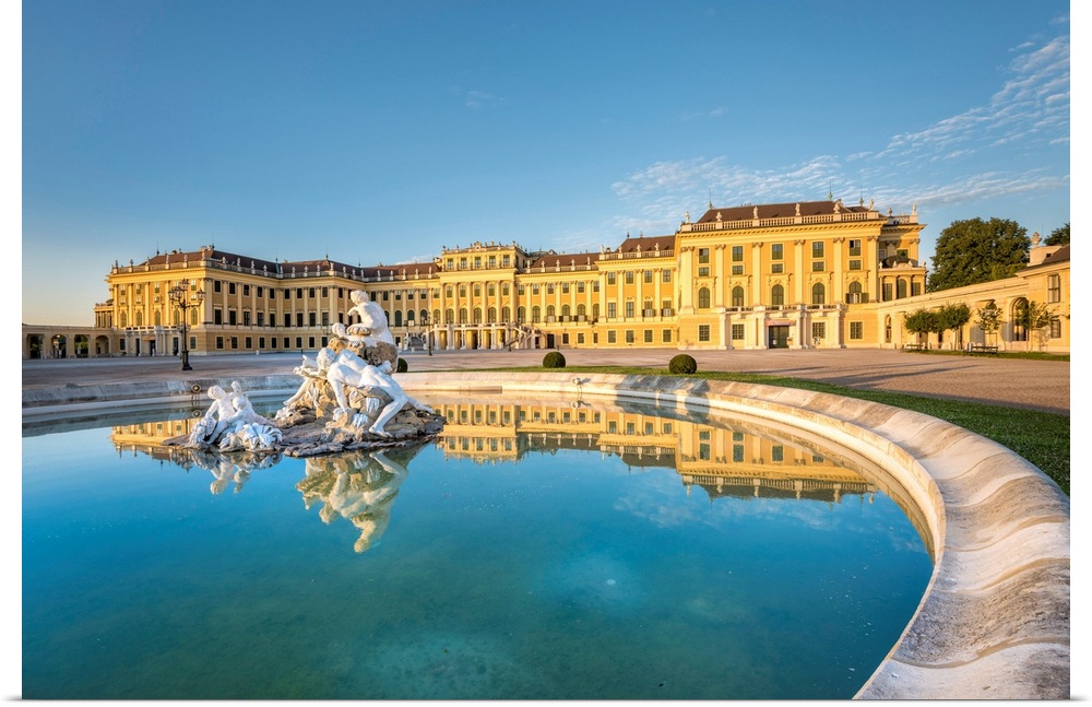 Vienna, Austria, Europe. The Schonbrunn Palace At Sunrise. A Fountain In The Forecourt With The Sculptures Danube, Inn, An...