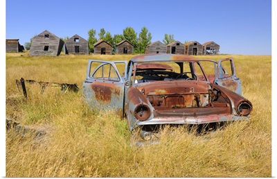 Abandoned Car And Graneries, Rosetown, Saskatchewan, Canada