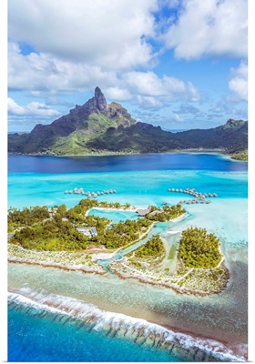Aerial view of Bora Bora island with St Regis and Four Seasons resorts, French Polynesia