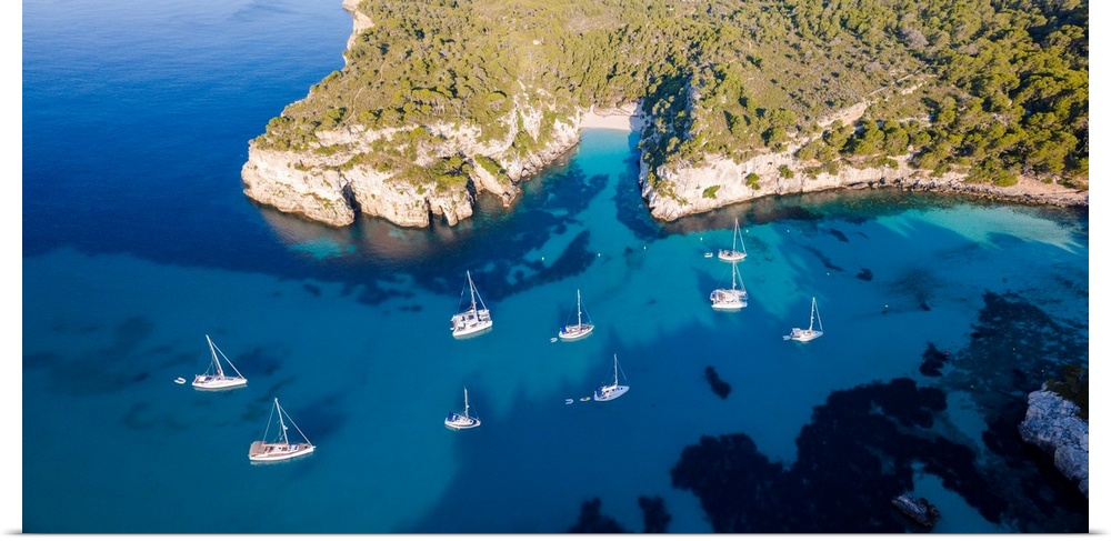 Aerial view of coastline and beach, Cala Macarella, Menorca, Balearic Islands, Spain.