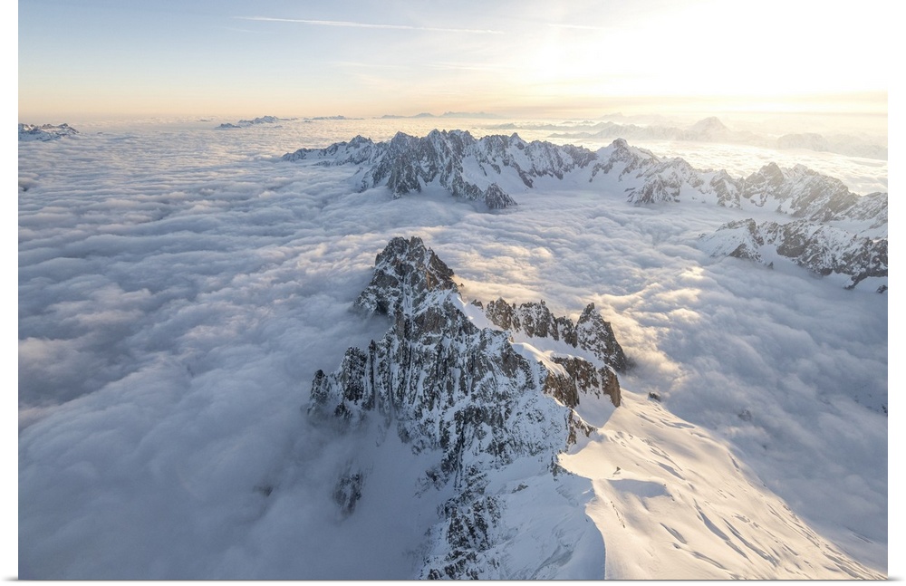 Aerial view of snowy peaks of Mont Blanc during sunrise, Courmayeur, Aosta Valley, Italy, Europe. Valle d'Aosta, Western E...