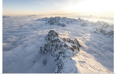 Aerial View Of Snowy Peaks Of Mont Blanc During Sunrise, Courmayeur, Italy, Europe
