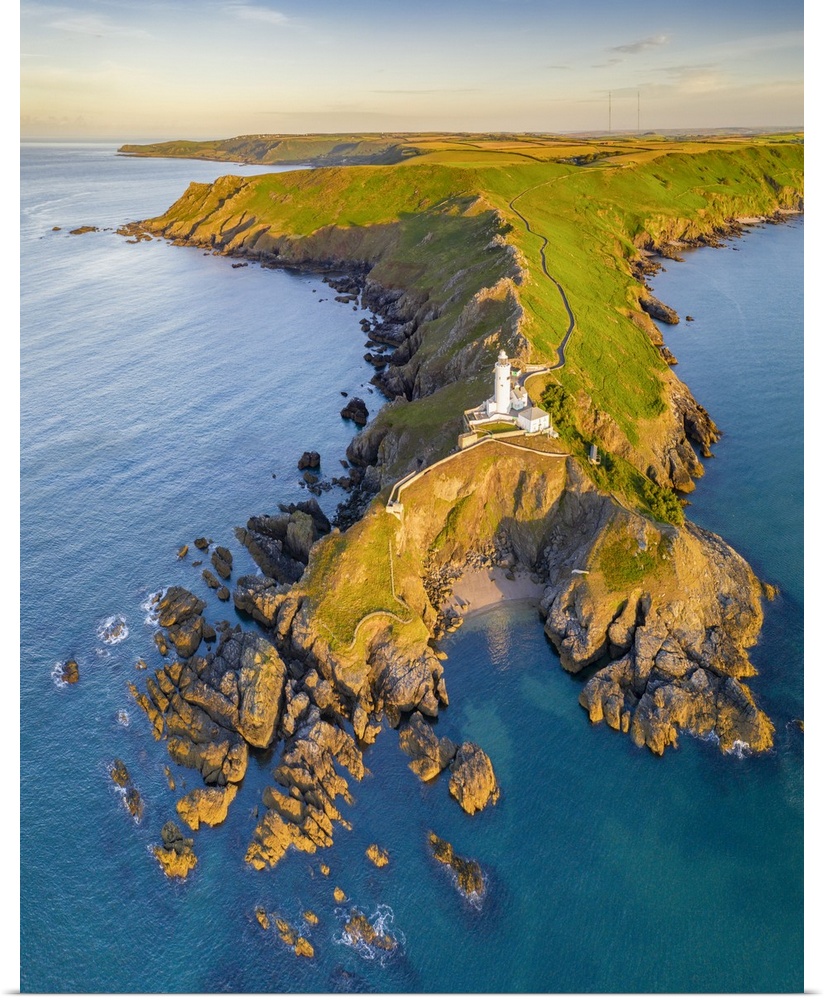 Aerial view of Start Point lighthouse and headland, South Hams, Devon, England. Summer (July) 2020.