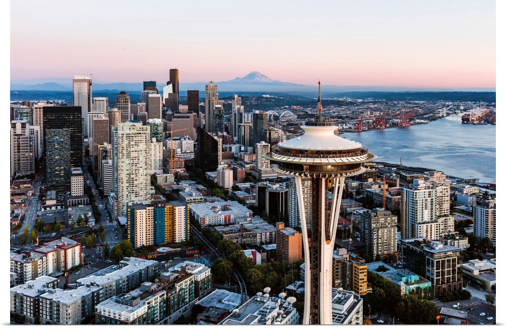 Aerial View Of The Space Needle And Downtown Skyline At Sunset With Mt Rainier In The Background, Seattle, Washington, USA