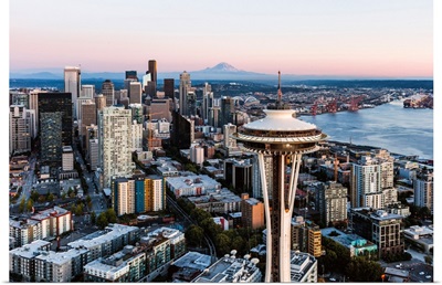 Aerial View Of The Space Needle, Downtown At Sunset With Mt Rainier, Seattle, Washington
