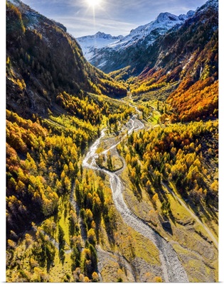 Aerial View Of Wild Torrent In Autumn, Bodengo Valley, Valtellina, Lombardy, Italy