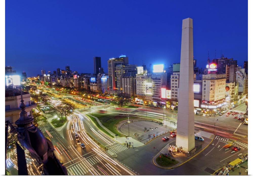 Argentina, Buenos Aires Province, City of Buenos Aires, Twilight view of 9 de Julio Avenue, Plaza de la Republica and Obel...