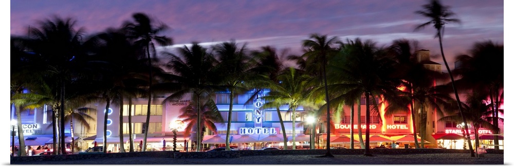 Art deco area with hotels at dusk, Miami, Florida, USA