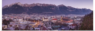 Austria, Innsbruck, elevated city view with the Wilten Basilica and Wilten Abbey Church