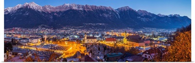Austria, Tyrol, Innsbruck, city view with the Wilten Basilica and Wilten Abbey Church