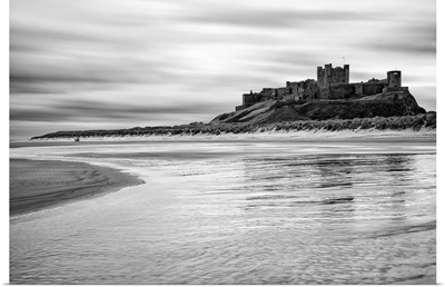 Bamburgh castle and beach at low tide, Northumberland, UK