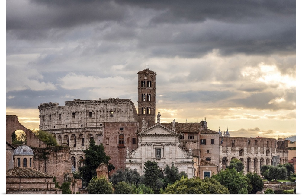 Basilica of Santa Francesca Romana and Coliseum at sunrise, Rome, Lazio, Italy, Europe,