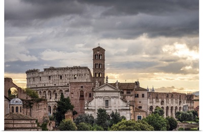 Basilica Of Santa Francesca Romana And Coliseum At Sunrise, Rome, Lazio, Italy,