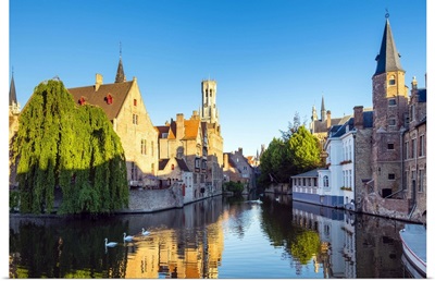 Belgium, Bruges. Belfort van Brugge and medieval buildings on the Dijver canal