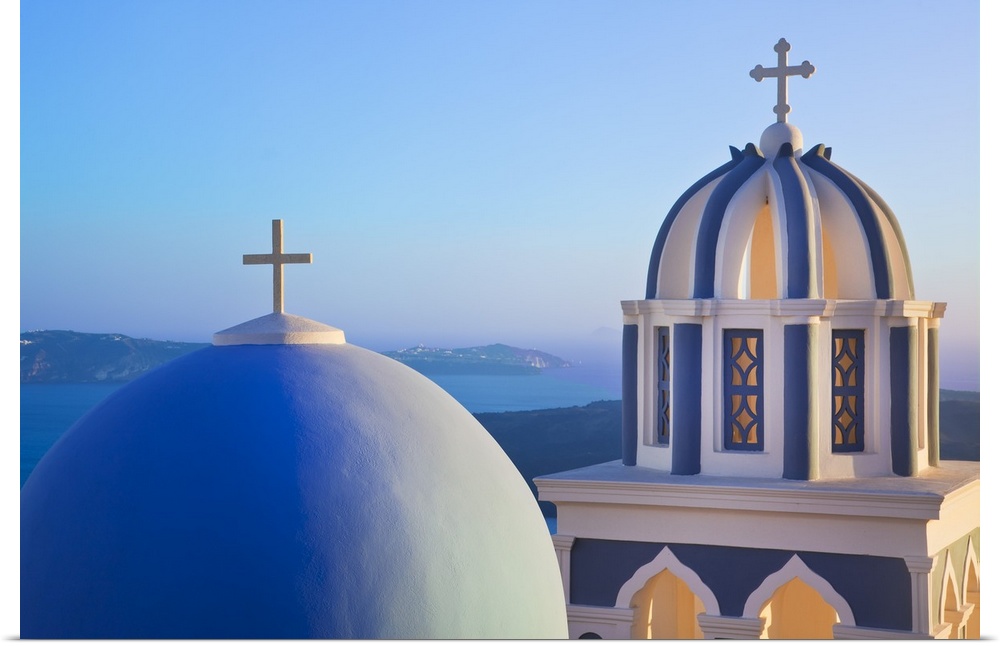 Bell Towers of Orthodox Church overlooking the Caldera in Fira, Santorini (Thira), Cyclades Islands, Aegean Sea, Greece, E...