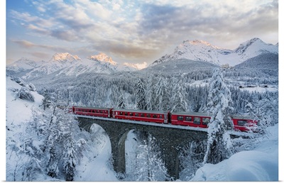 Bernina Express Passes On A Viaduct Near Tarasp, Graubunden, Engadine, Switzerland