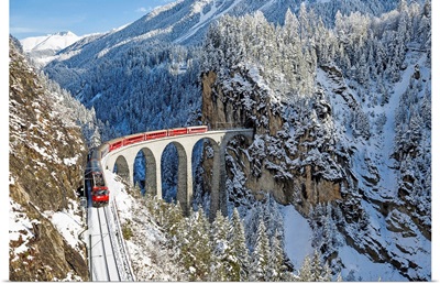 Bernina train at Landwasser viaduct, Unesco world heritage, Engadine, Switzerland