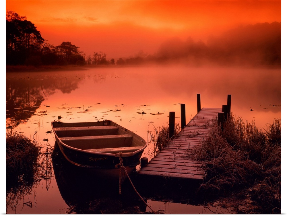 Boat And Jetty At Sunrise With Swan, Elterwater, Lake District National Park, Cumbria, England