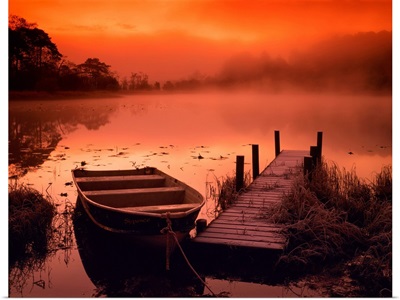 Boat And Jetty At Sunrise With Swan, Elterwater, Lake District National Park, England